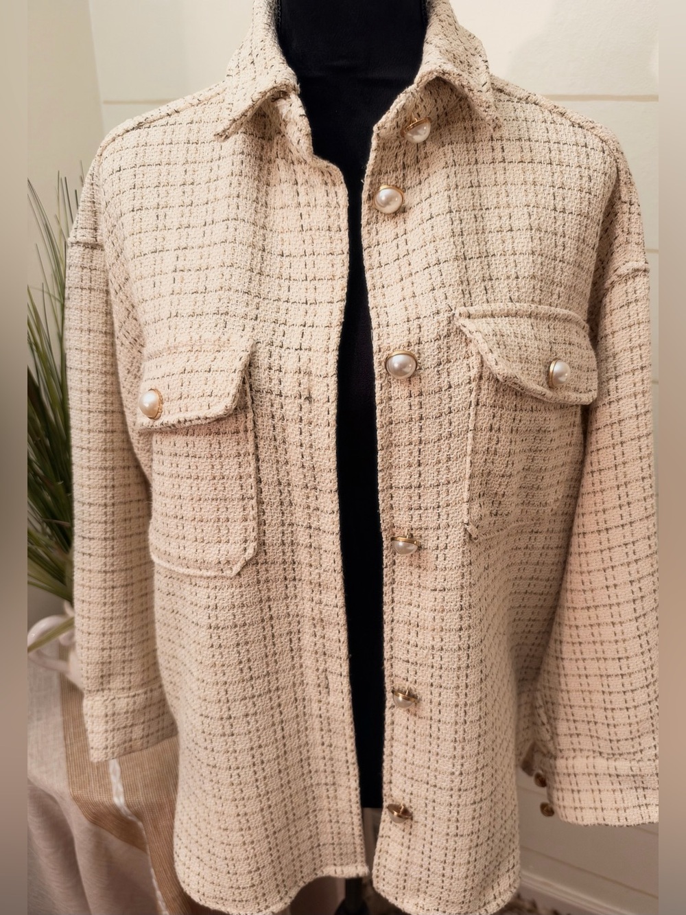 EUC Sunday Up tweed jacket pearl bouclé old money chic medium shacket pearls top